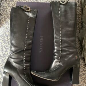Prada Black Heeled Leather Boots with Silver Accents
